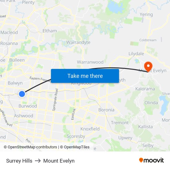 Surrey Hills to Mount Evelyn map