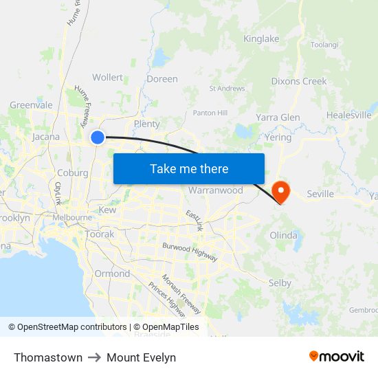 Thomastown to Mount Evelyn map