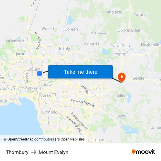 Thornbury to Mount Evelyn map