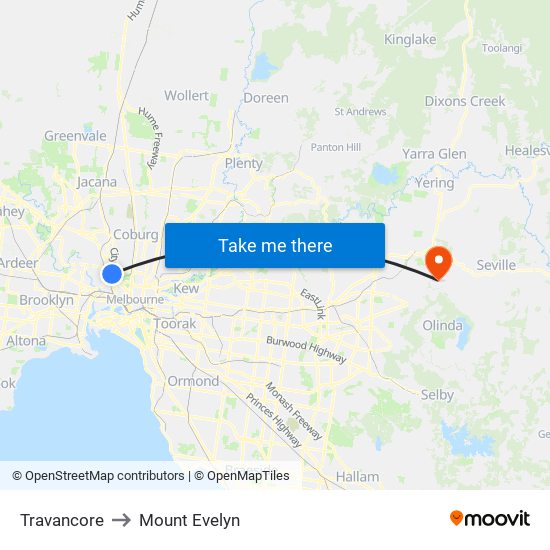 Travancore to Mount Evelyn map