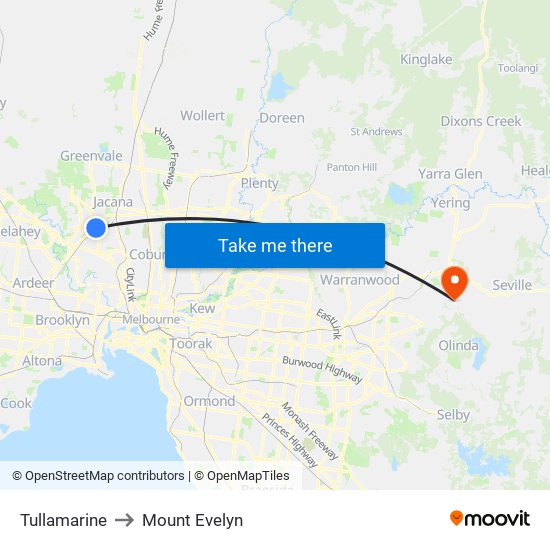 Tullamarine to Mount Evelyn map