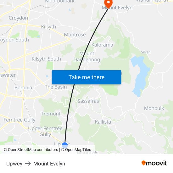 Upwey to Mount Evelyn map