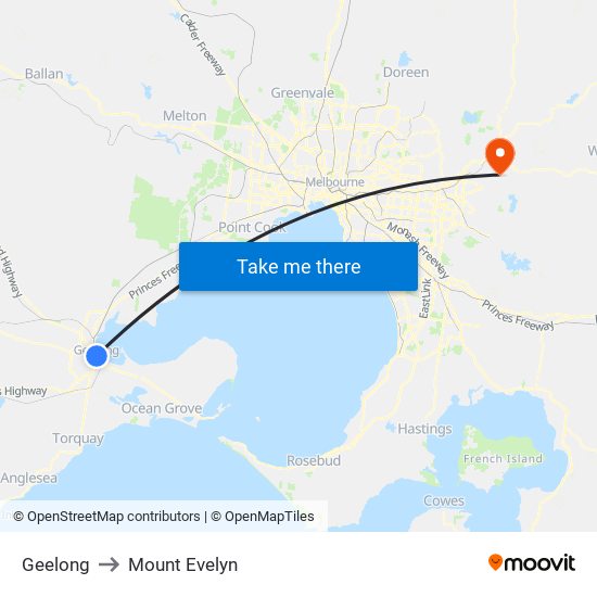 Geelong to Mount Evelyn map