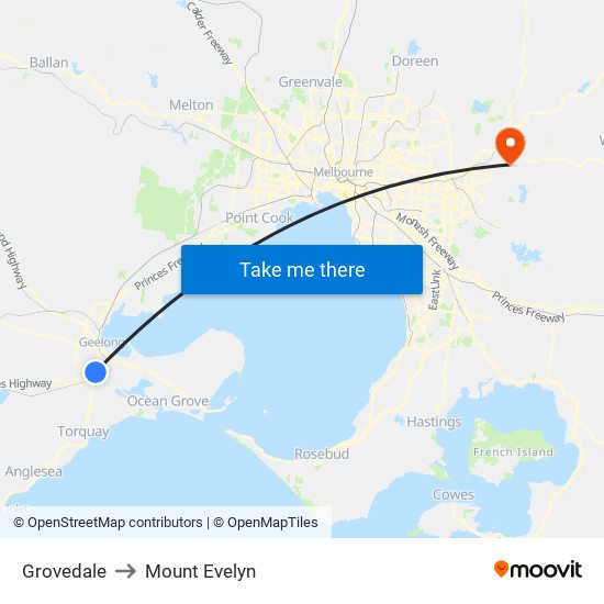 Grovedale to Mount Evelyn map