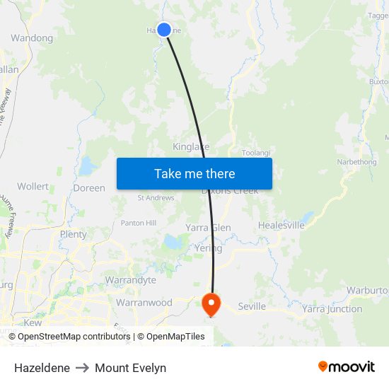 Hazeldene to Mount Evelyn map