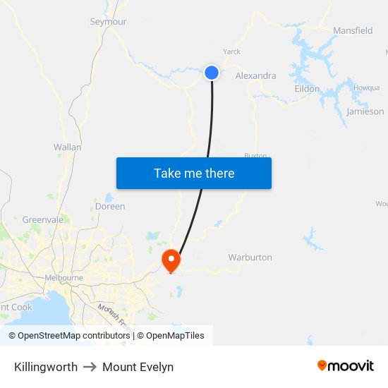 Killingworth to Mount Evelyn map