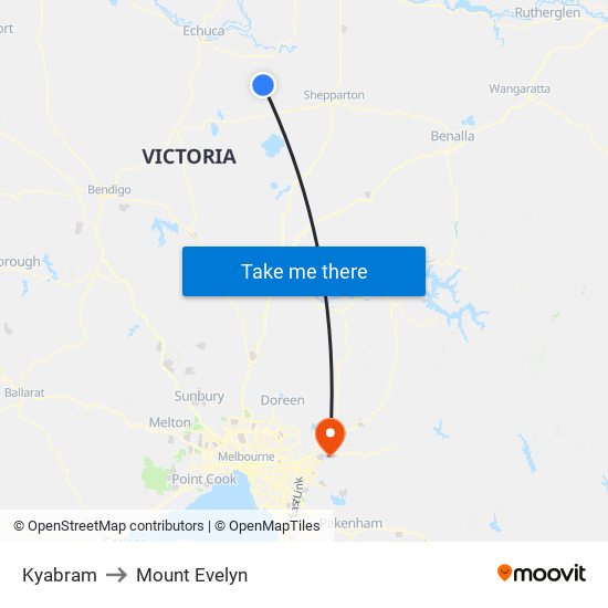 Kyabram to Mount Evelyn map