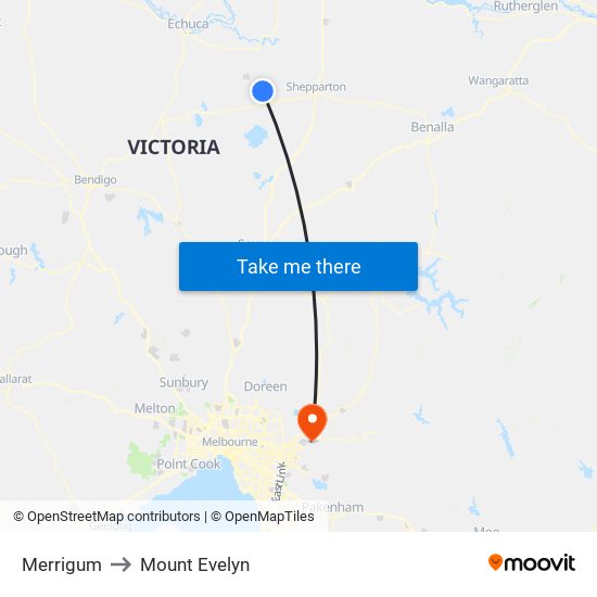 Merrigum to Mount Evelyn map