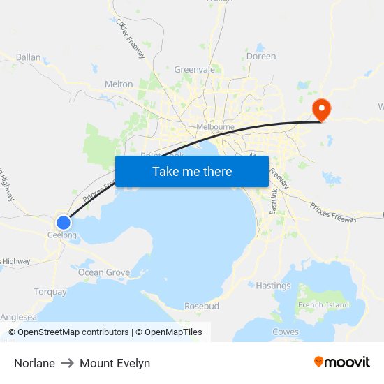 Norlane to Mount Evelyn map