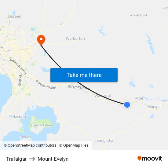 Trafalgar to Mount Evelyn map