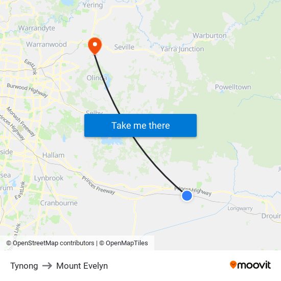 Tynong to Mount Evelyn map