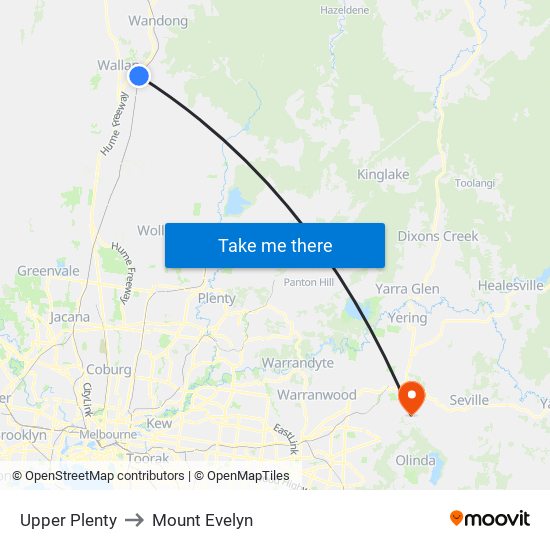 Upper Plenty to Mount Evelyn map