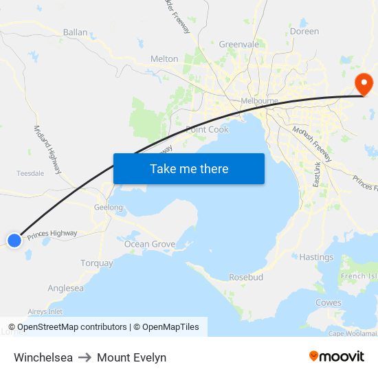 Winchelsea to Mount Evelyn map