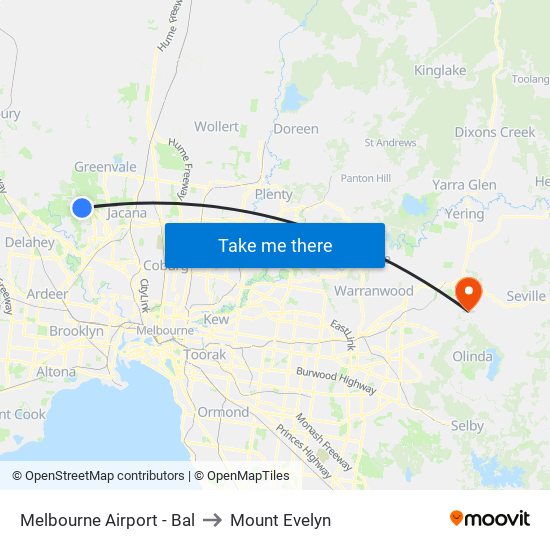 Melbourne Airport - Bal to Mount Evelyn map