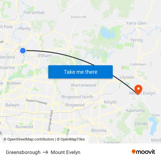 Greensborough to Mount Evelyn map