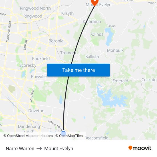 Narre Warren to Mount Evelyn map