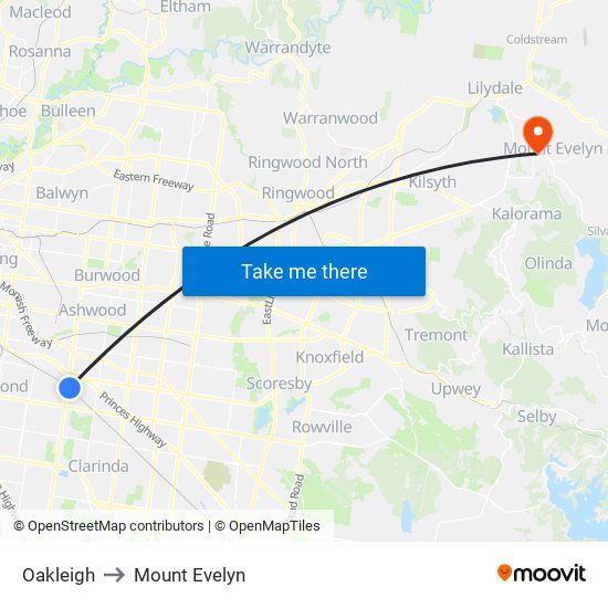 Oakleigh to Mount Evelyn map