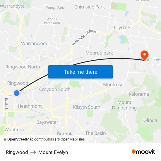 Ringwood to Mount Evelyn map