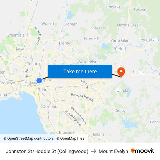 Johnston St/Hoddle St (Collingwood) to Mount Evelyn map