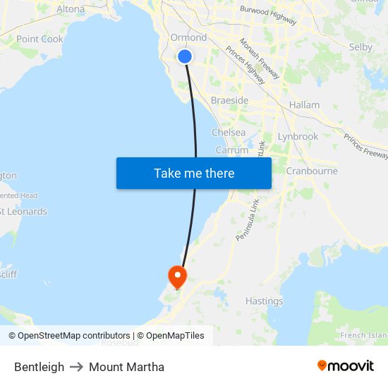 Bentleigh to Mount Martha map