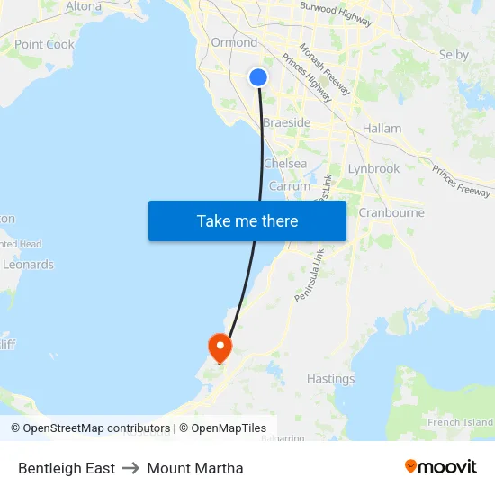 Bentleigh East to Mount Martha map