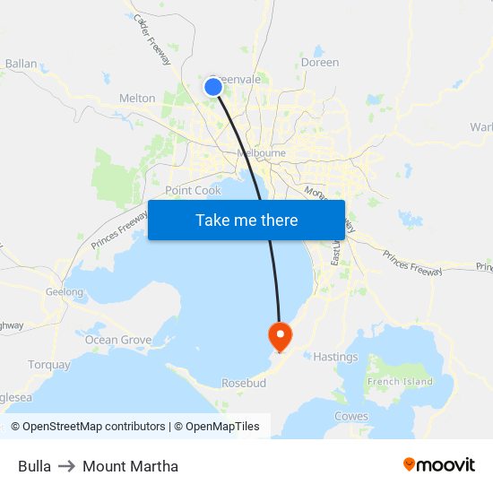 Bulla to Mount Martha map