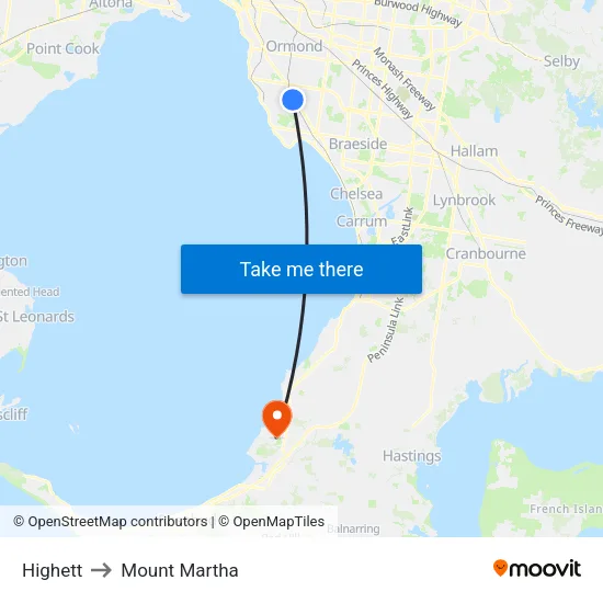 Highett to Mount Martha map