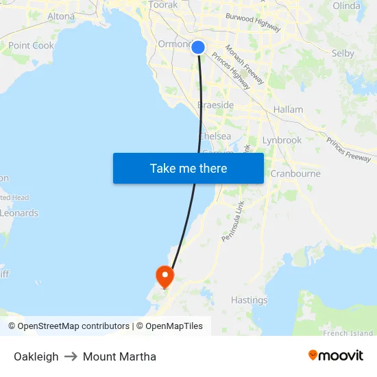 Oakleigh to Mount Martha map