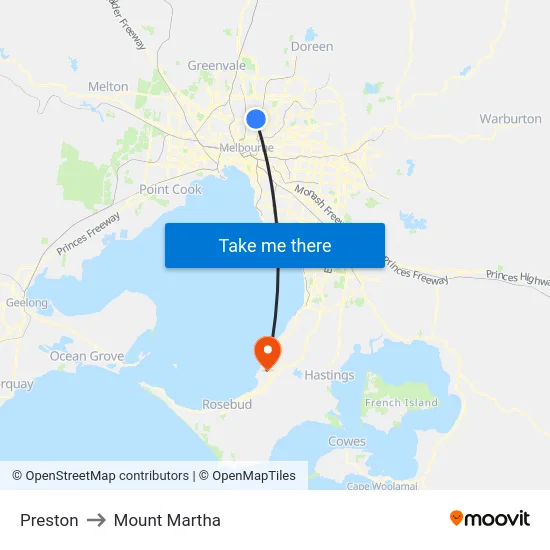 Preston to Mount Martha map