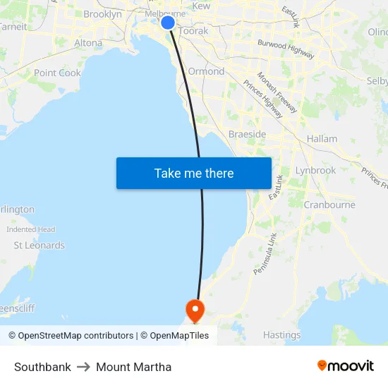 Southbank to Mount Martha map
