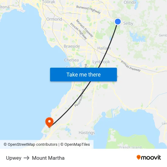 Upwey to Mount Martha map