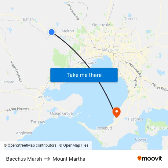 Bacchus Marsh to Mount Martha map