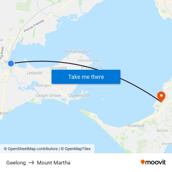 Geelong to Mount Martha map