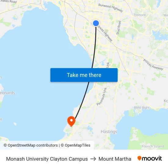 Monash University Clayton Campus to Mount Martha map