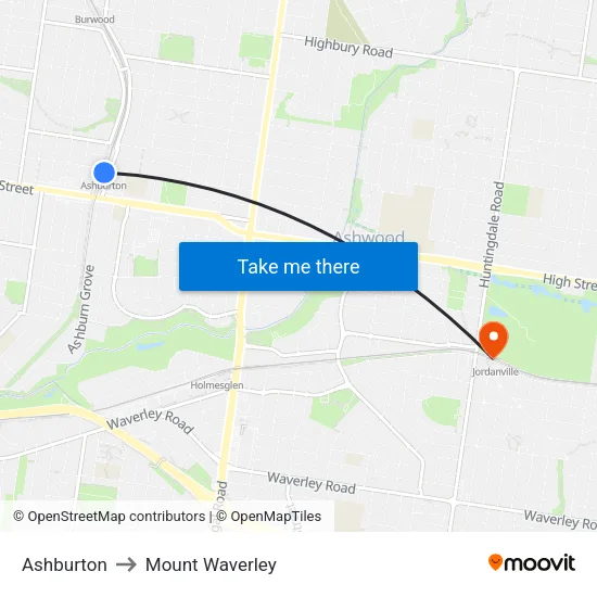 Ashburton to Mount Waverley map