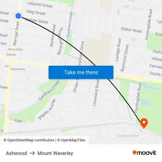 Ashwood to Mount Waverley map