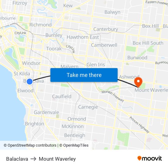 Balaclava to Mount Waverley map