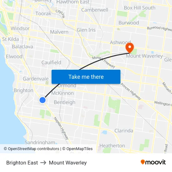 Brighton East to Mount Waverley map
