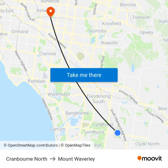 Cranbourne North to Mount Waverley map