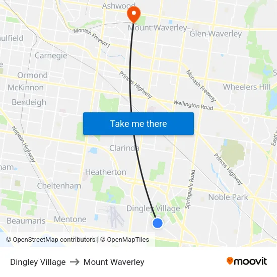 Dingley Village to Mount Waverley map