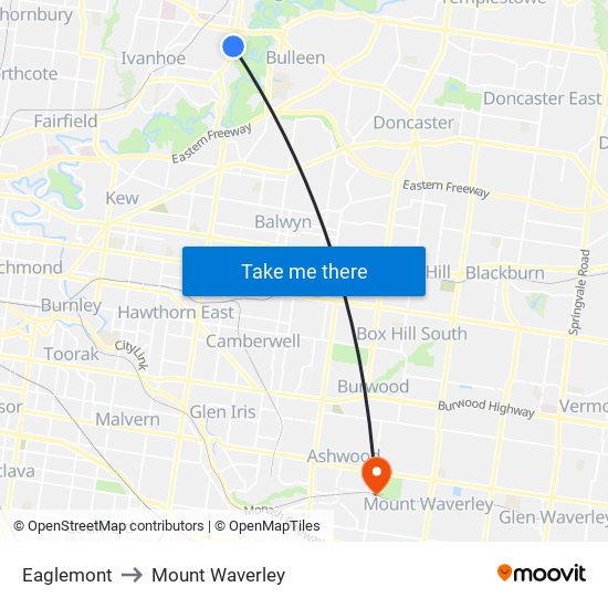 Eaglemont to Mount Waverley map