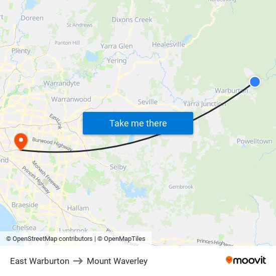 East Warburton to Mount Waverley map