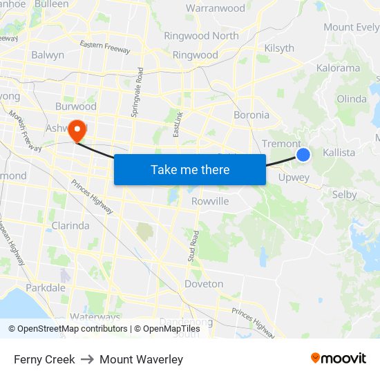 Ferny Creek to Mount Waverley map