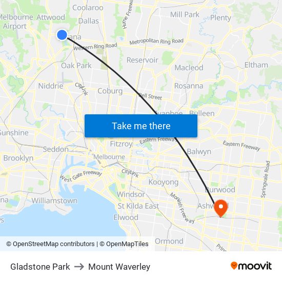 Gladstone Park to Mount Waverley map