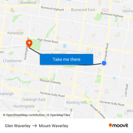 Glen Waverley to Mount Waverley map