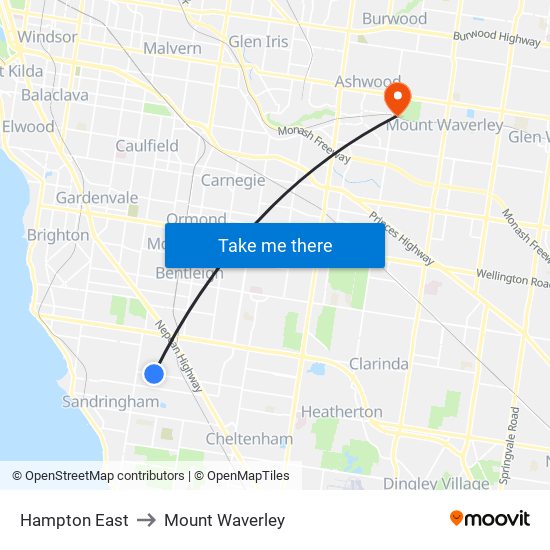 Hampton East to Mount Waverley map