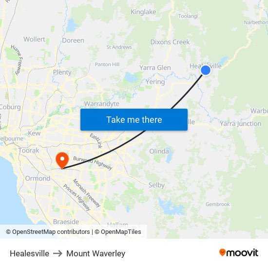 Healesville to Mount Waverley map