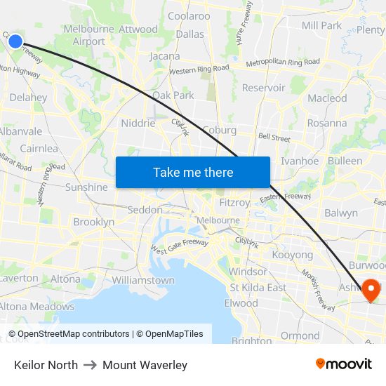 Keilor North to Mount Waverley map