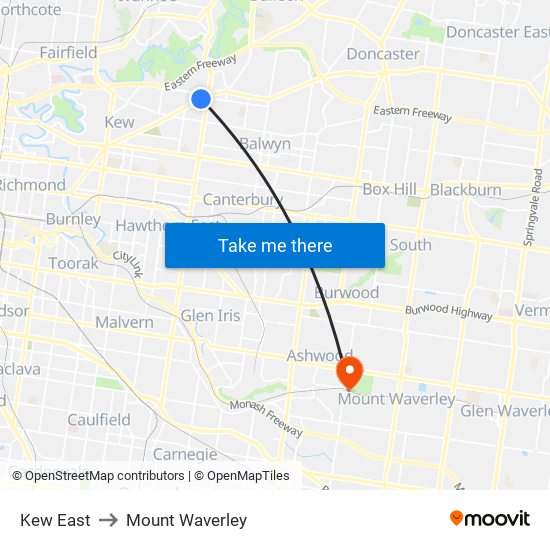 Kew East to Mount Waverley map