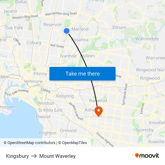 Kingsbury to Mount Waverley map